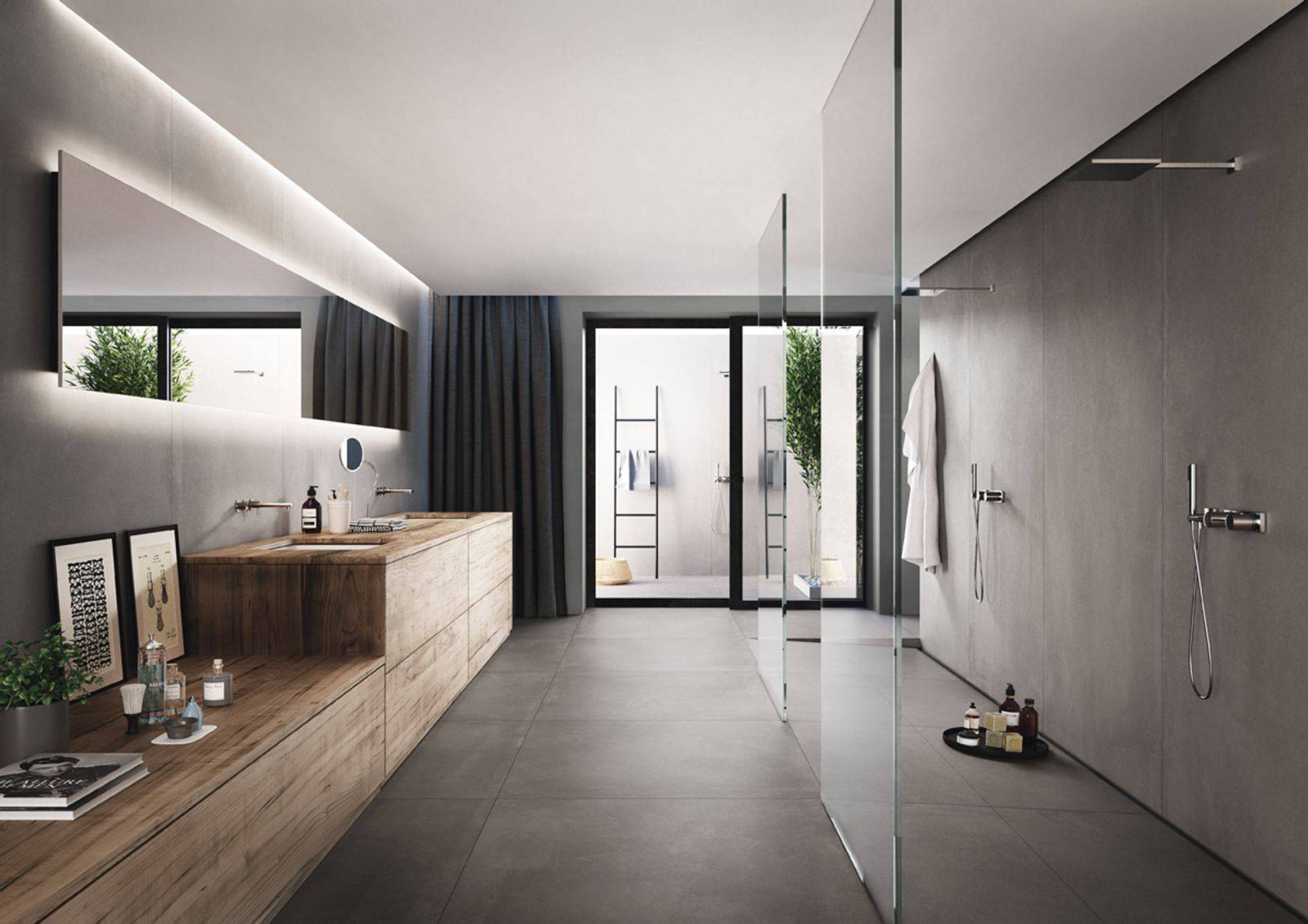 Badkamer met betonlook tegels van azuma