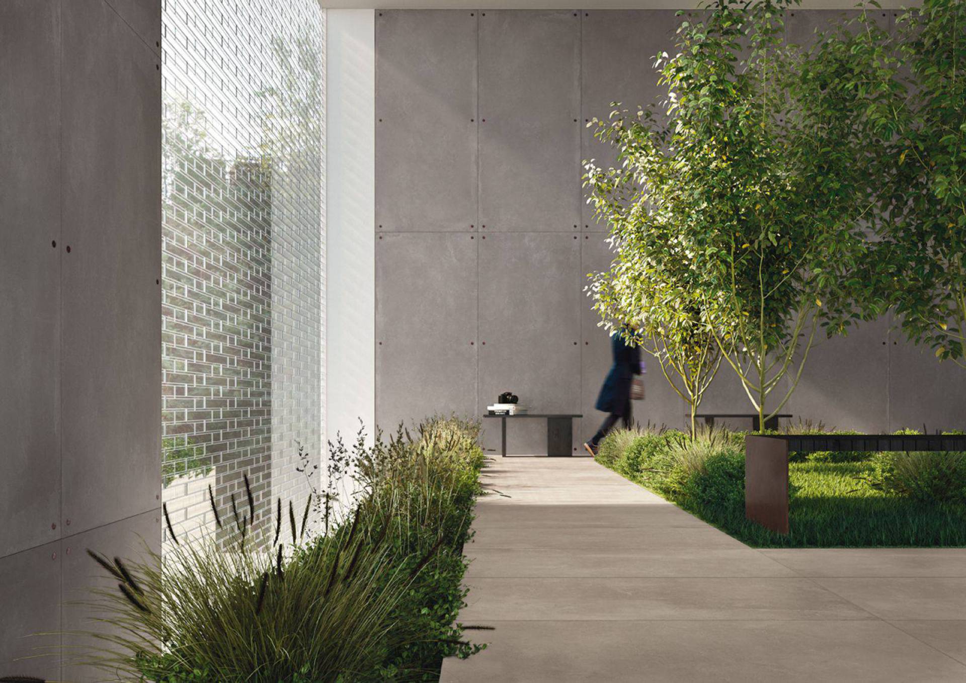 Tuin en gevel met azuma betonlook tegels