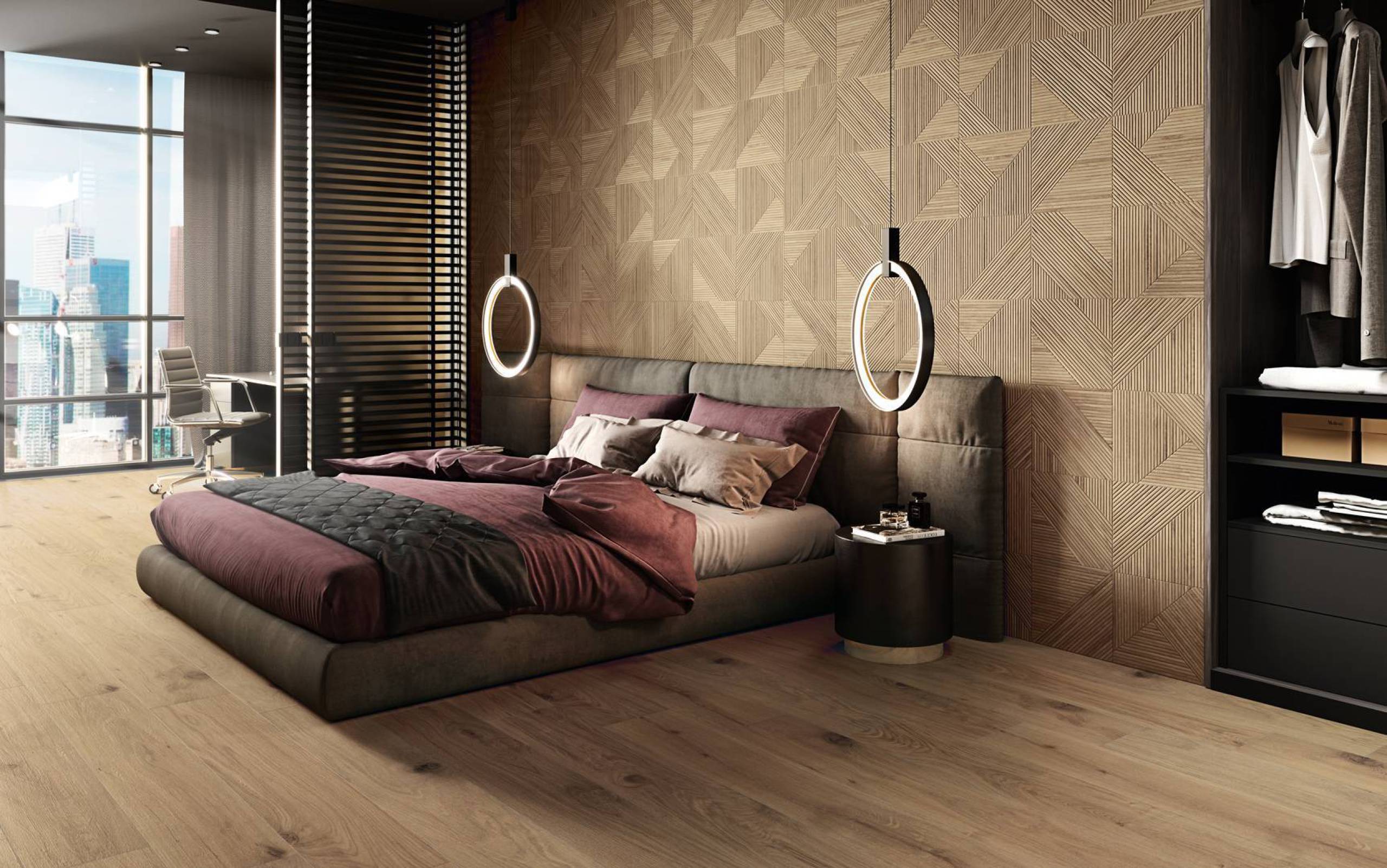 Tangram houtlook tegels in de slaapkamer
