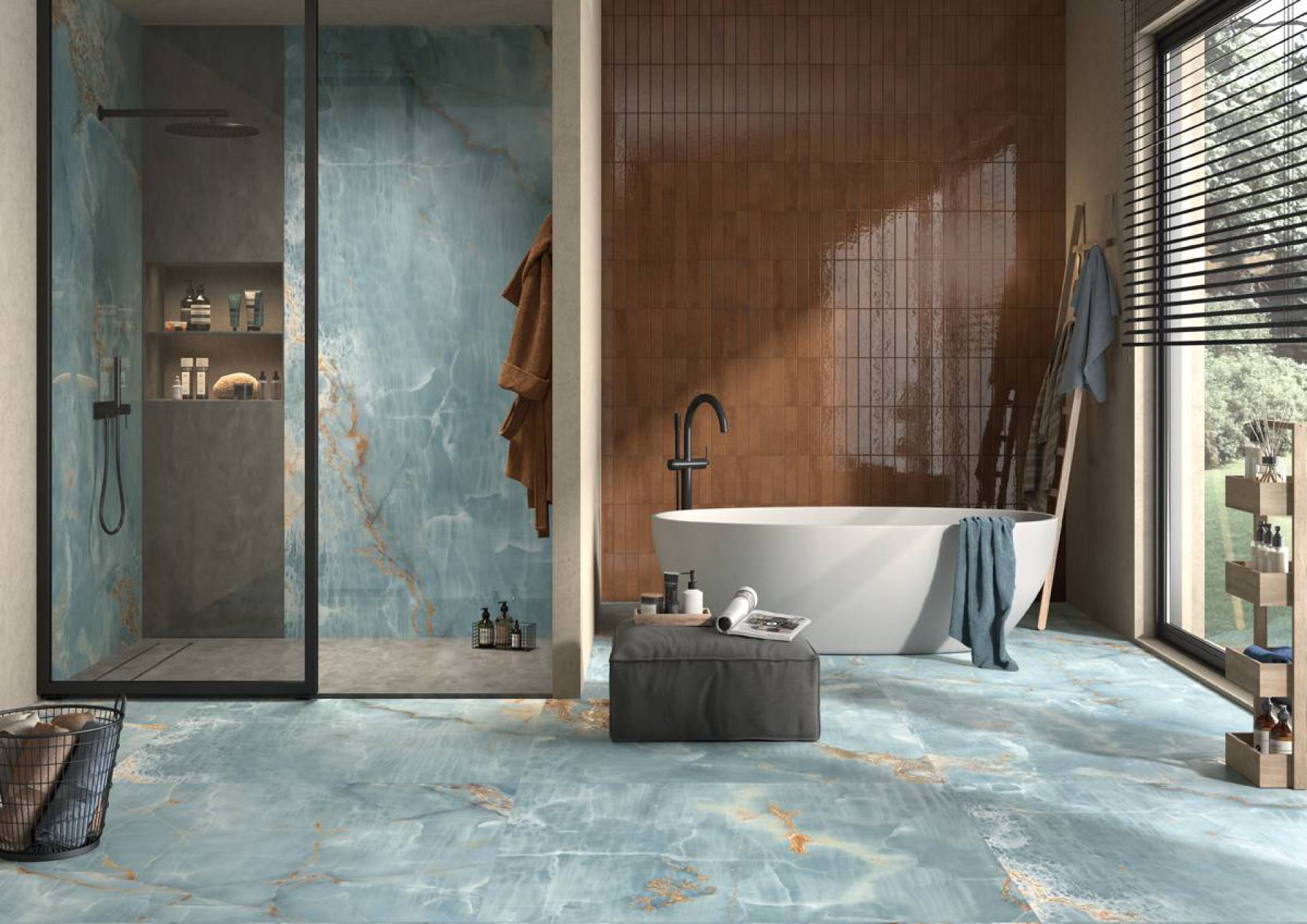Badkamer met blauwe marmerlook tegels