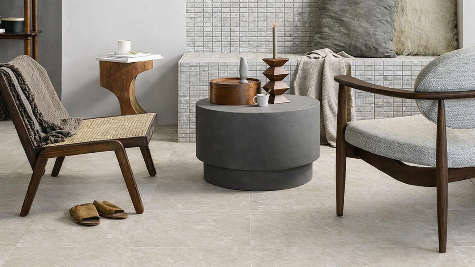 vtwonen ReSource kalksteenlook tegels in een eigentijds interieur